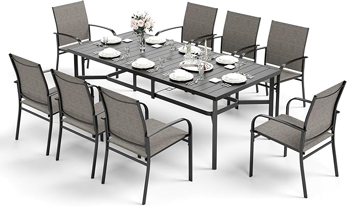 HERA'S HOUSE 9 Pieces Patio Dining Set, 8 x Brown Textilene Patio Chairs and 1 x 83 Large Rectangle Dining Table, Outdoor Furniture Set for Deck Garden Backyard Lawn Poolside