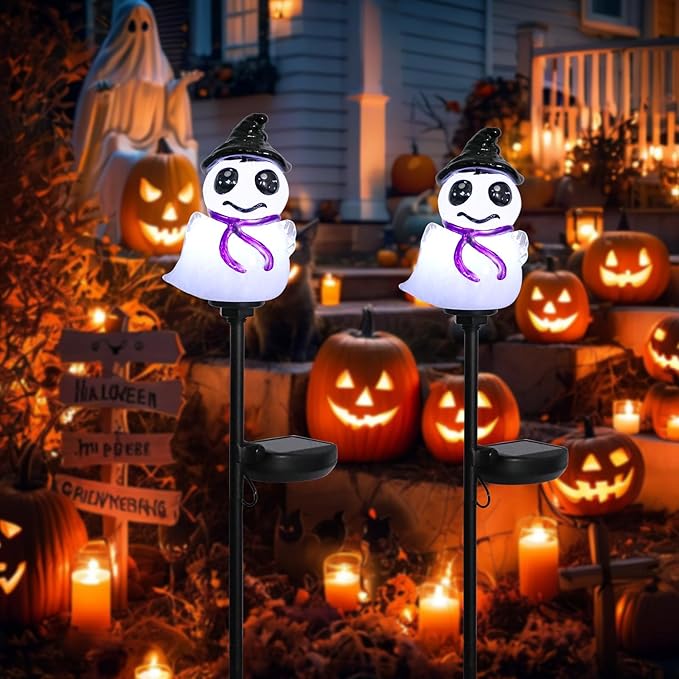 Afirst Halloween Ghosts Pathway Solar Lights Handblown Glass Waterproof Outdoor Halloween Decoration Solar LED Outdoor Décor Front Porch Decor 2 Pack