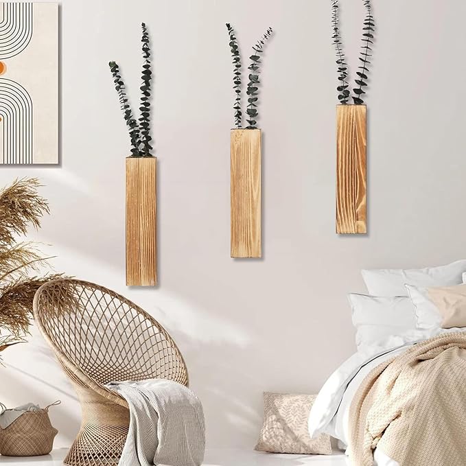 Wooden Wall Planter Set of 3 - Modern Home Decor for Living Room, Bedroom, Bathroom - Brown Finish Planter for Dried Flowers, Faux Greenery, Indoor Plants