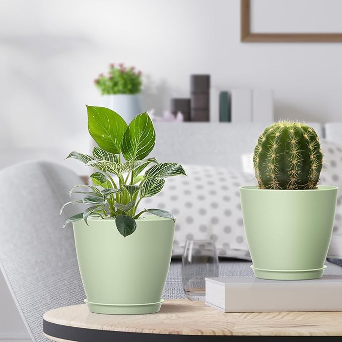 8 Pack 4 Inch Plant Pots with Drainage Holes and Saucers, Pots for Plant Indoor, Plastic Planters for Succulents and Small Plants, Green
