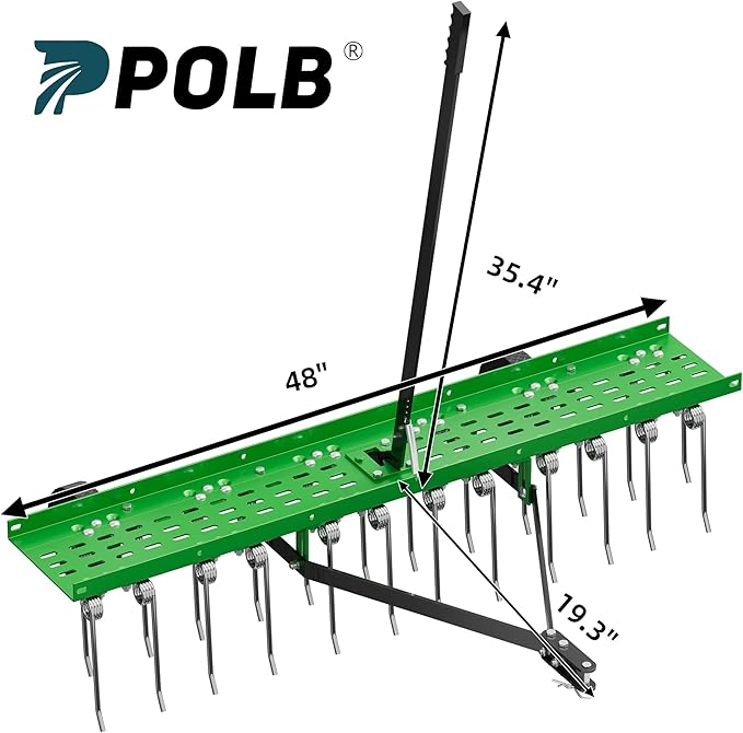 48" Tow-Behind Dethatcher with 24 Spring Steel Tines, Pull Behind Lawn Tractor Mower Grass Rake for Yard, Garden, and Farm Care – Removes Thatch, Leaves, and Pine Needles-Green