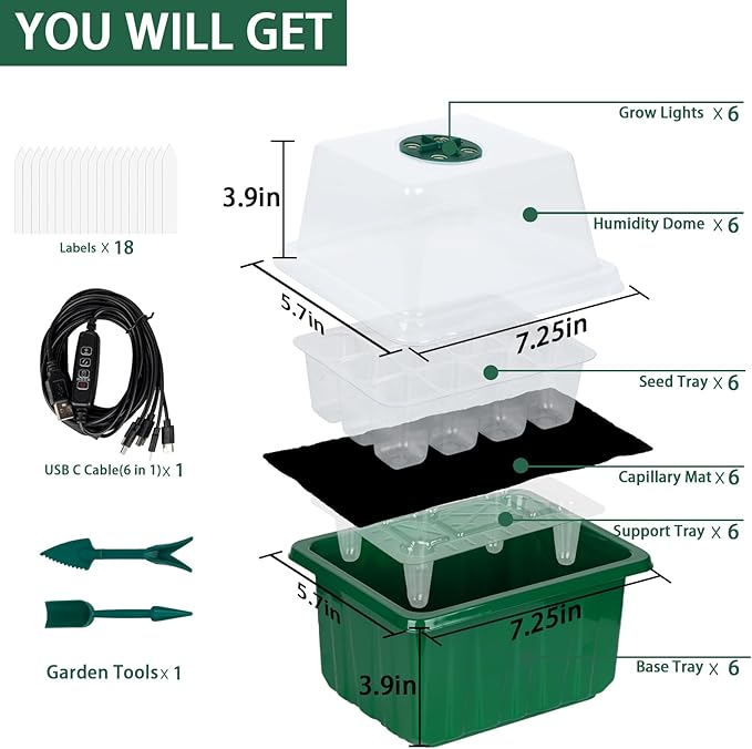 Self-Watering Seed Starter Tray - Kit with Grow Light and Humidity Dome, 6-Pack 72-Cell Plant Seedling Tray,Reusable Plastic Germination Trays for Indoor Gardening Seeds Growing Starting