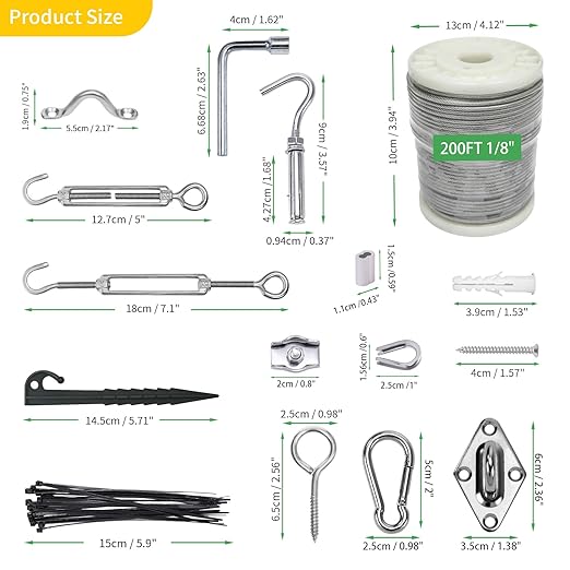 1/8" Wire Cable Rope Kit ,Vinyl Coated 304 Stainless Steel Wire – 200FT 7x7 Strand Cable with Turnbuckles,Shade Sail & Hanging Lights Hardware Kit for Outdoor, Garden,Patio, Crafts,