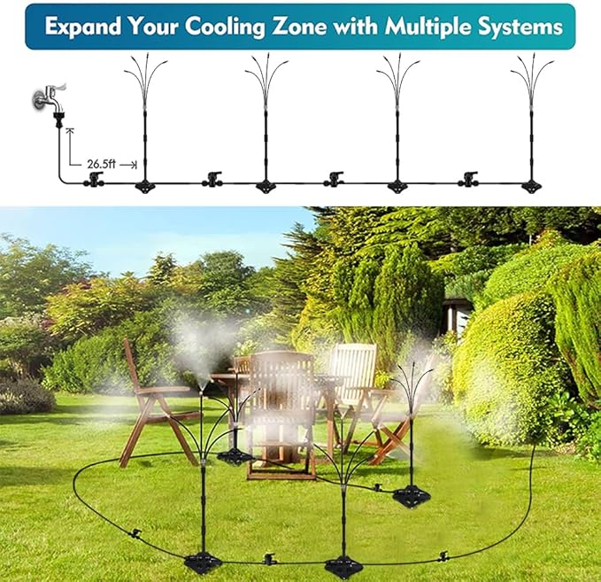UR FOREST Updated Standing Misting Cooling System 26.2FT (8M) Misting Line + 4 Brass Misting Nozzles,2 Height Option, Stand Mister Hose for Outside Outdoor Patio, Pet Cooling, Kids Water Playing-BLACK