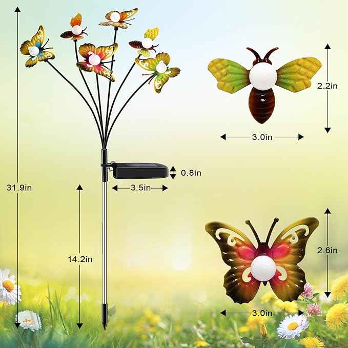 Butterfly Solar Garden Lights - Newest 12 LED Firefly Butterflies Bees Solar Outdoor Lights Swaying Butterfly Light for Yard Patio Pathway Decoration (Multi-Colour)