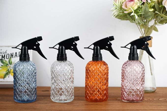 Glass Handheld Spray Bottle - 12oz Refillable Bottle ,Adjustable Nozzle Watering Can for Garden Plants Cleaning Solutions (Clear)