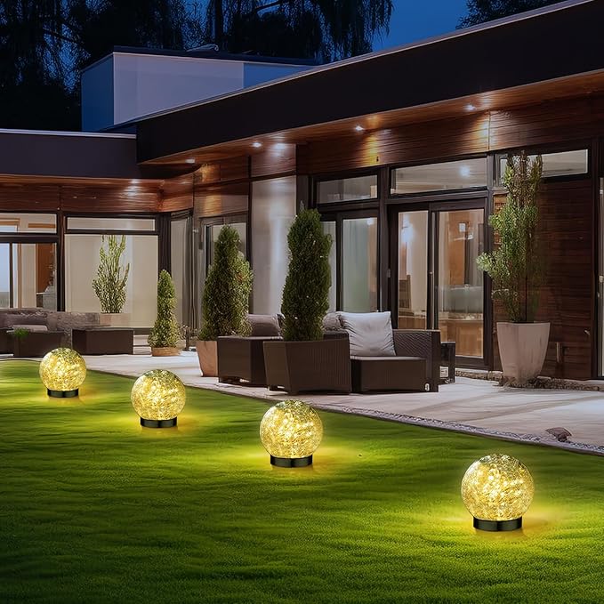 Solar Garden Lights Outdoor Waterproof, 4 Pack Cracked Glass Ball Light, Ground Landscape Garden Decor, Solar Globe Decorative for Pathway/Patio/Lawn/Yard (Warm White, 4.7")