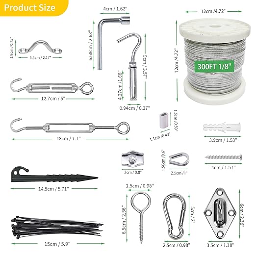 1/8" Wire Cable Rope Kit ,Vinyl Coated 304 Stainless Steel Wire – 300FT 7x7 Strand Cable with Turnbuckles,Shade Sail & Hanging Lights Hardware Kit for Outdoor, Garden,Patio, Crafts, Hanging Lights