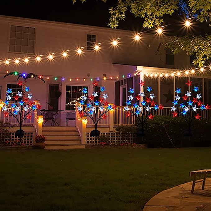 2 Packs Solar 4th of July Decorations Outdoor Lights, Solar Red White and Blue Star Pathway Lights, Waterproof Outdoor Patriotic Decorations Lights for July 4th Memorial Day Garden Yard Pathway Grave