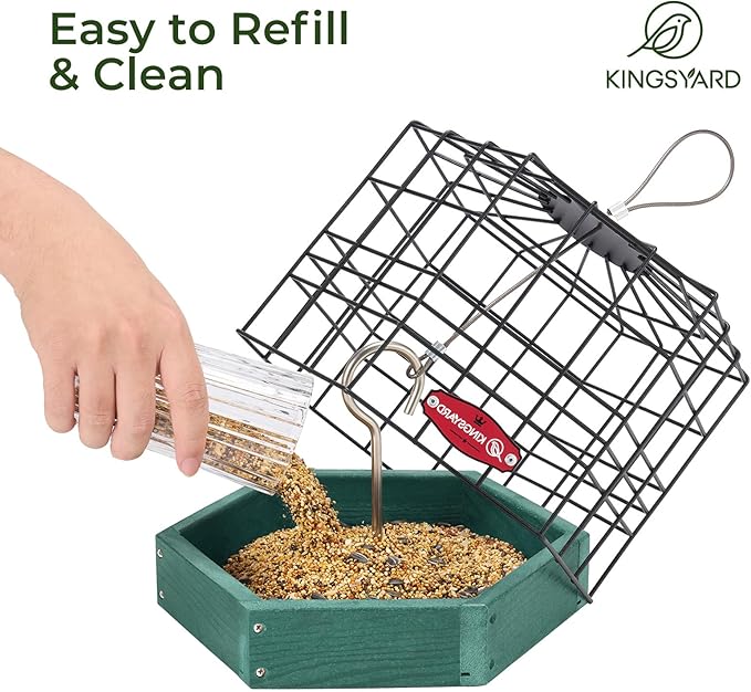 Kingsyard Squirrel Proof Platform Bird Feeders for Outdoor Hanging, Caged Bird Feeder for Small Wildbirds, Recycled Plastic Feeding Platform with Metal Seed Tray, Green