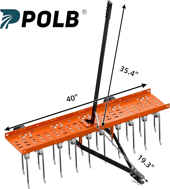40" Tow-Behind Dethatcher with 20 Spring Steel Tines, Pull Behind Lawn Tractor Mower Grass Rake for Yard, Garden, and Farm Care – Removes Thatch, Leaves, and Pine Needles-Orange