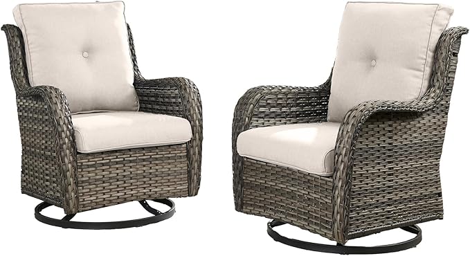 HUMMUH Outdoor Swivel Rocker Wicker Patio Chairs Set of 2, Rattan Rocking Chair Furniture Set (Grey,Beige)