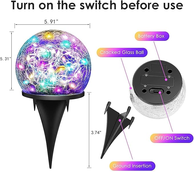 Solar Garden Lights - 2 Pack 80 LED Multi-Color Cracked Glass Outdoor Decorative Lights for Yard, Pathway, Patio, Lawn & Christmas Decor - 5.9"