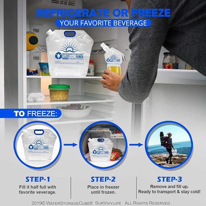 WaterStorageCube 3pc/5pc Premium Collapsible Water Container Bundle Cube + Bag, No BPA Camping Drink Storage Carrier Jug for Outdoors Hiking Backpack & Survival, No-Leak Foldable Portable & Freezable
