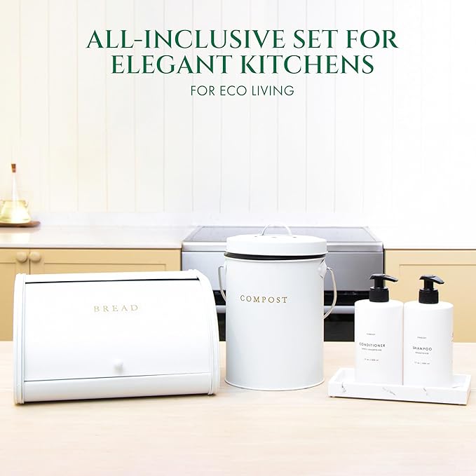 White 1.3 Galion Indoor Compost Bin Kitchen Odorless with Lid for Composting Food Waste Bucket for Counters, Stainless Steel Kitchen Compost Bin Countertop Trash Can Scrap Container Composter Caddy