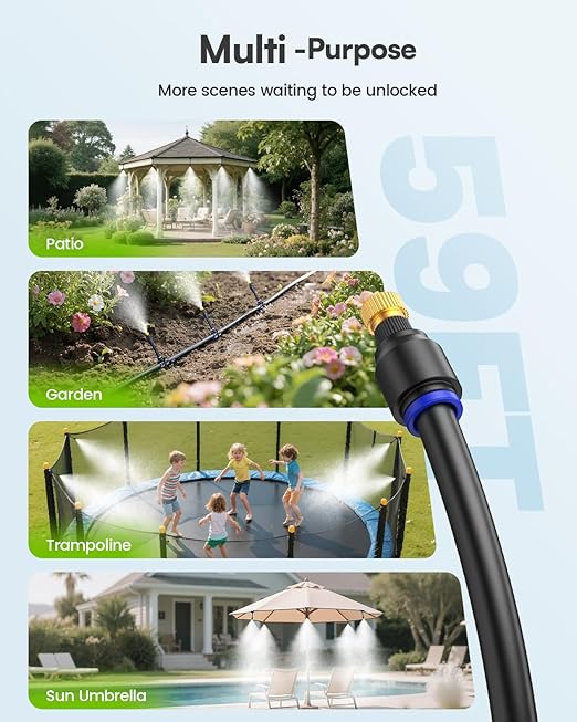 RAINPOINT Misters for Outside Patio - Upgraded 59FT(18M) Misting System Kit with Water Filter for Cooling Outdoor, 59FT Misting Line + 17 Mist Nozzles for Backyard Garden Porch Deck Greenhouse