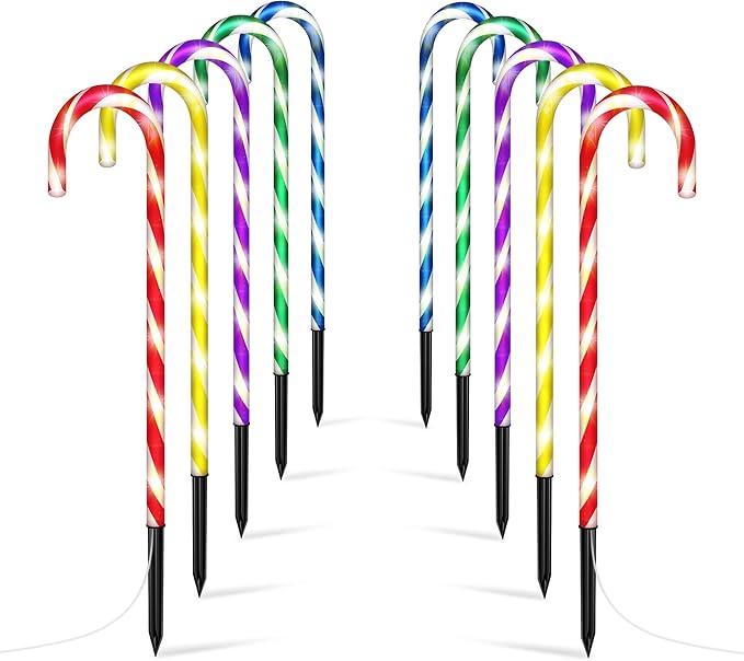 WeGuard 10PK Christmas Candy Cane Pathway Lights Outdoor Decorations 21" 8 Lighting Modes Flashing Waterproof Outdoor Lighted Christmas Decor for Garden Yard (Multi-Colored)