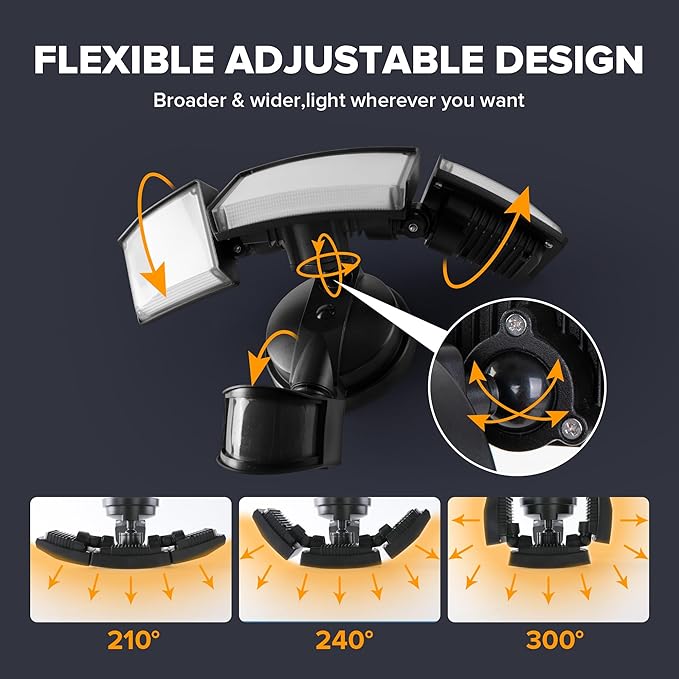 UME 2 Pack 5500LM LED Security Lights Motion Sensor Light Outdoor, 49W, 5000K Daylight, IP65 Waterproof, Dusk to Dawn, 3 Head Motion Detected Flood Light for Garage, Yard, Porch (Black)