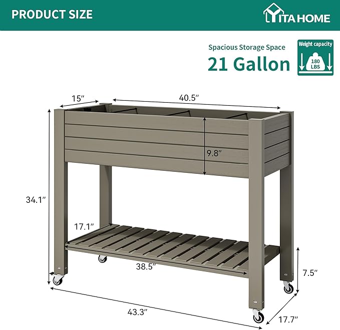 YITAHOME 43.3x17.7x34 in Elevated Garden Bed, Outdoor Plastic Planter Box with Wheels, Legs, Drain Plug, and Storage Shelf for Plants, Vegetables, Flowers, Herbs, Light Brown