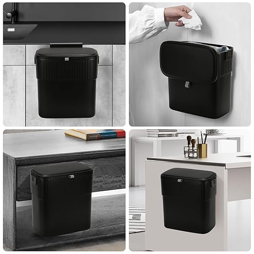 ELPHECO Hanging Trash Can with Lid 2.5 Gallon Kitchen Compost Bin for Under Sink, Plastic Wall-Mounted Garbage Can, Small Kitchen Trash Bin, Small Trash Can with Lid for Office, Bathroom, Black