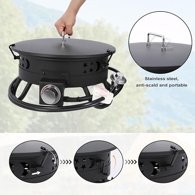 Portable 17 inch Propane Fire Pit 58000 BTU Smokeless Gas Fire Bowl with Adjustable Flame,Cover Carry Kit,CSA Certified for Camping,Patio,Backyard,RV&Tailgating-Includes Hose&Lava Rocks