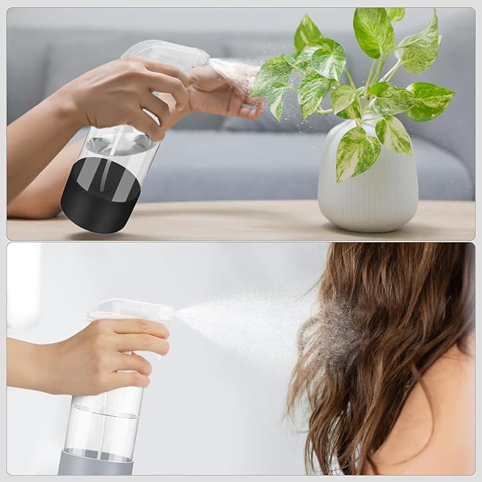 2 Pack Glass Spray Bottles with Silicone Sleeve, 16 oz Empty Refillable Containers with Adjustable Spray Nozzles, Spray Bottles for Hair, Cleaning Solutions and Plants Black&Grey