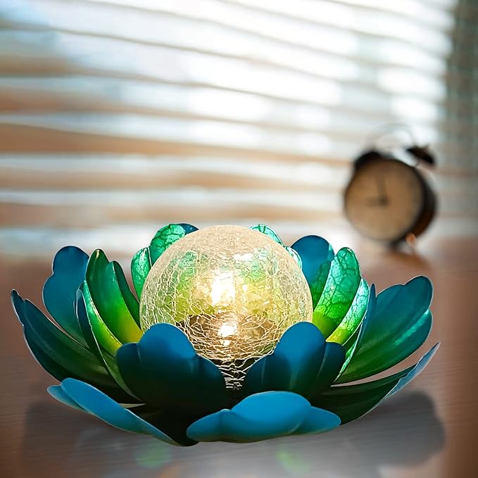 WNP Solar Powered Outdoor Decorative Lights Waterproof Lotus Flower with Crackle Glass Globe and Metal Base for Garden Patio Pathway Yard Tabletop Decor,Birthday Gift for Mom Sister Grandma
