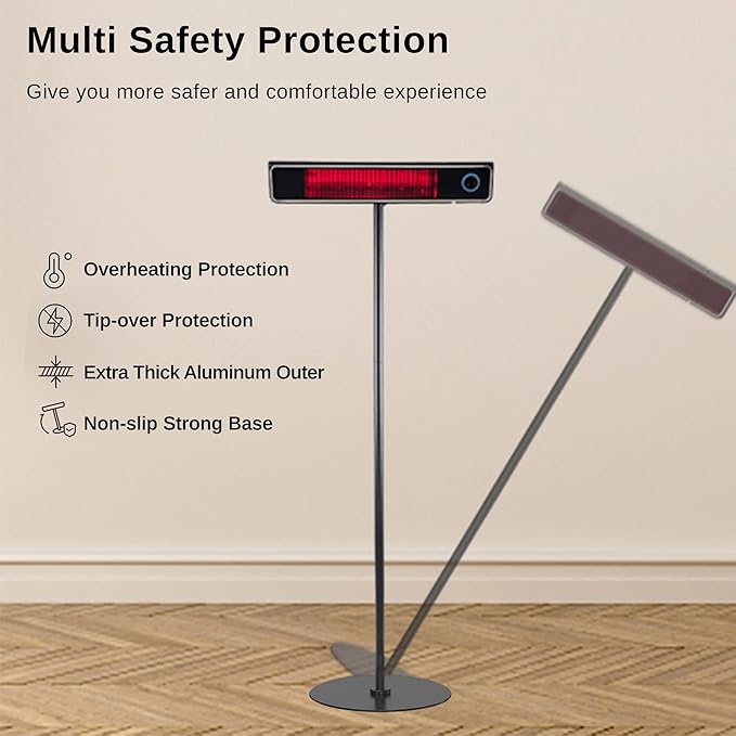 EAST OAK 1500W Electric Patio Heater, Indoor/Outdoor Standing Heater with Nano Glass-Ceramic, Fast Heat, Waterproof, 3 Modes, 24H Timer, Safety Tip-Over & Overheat Protection