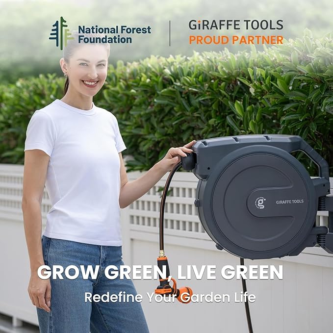 Giraffe Tools Retractable Hose Reel 5/8" x 90 ft Wall Mounted Garden Hose Reel Heavy Duty, Automatic Rewind, 180 Deg Swivel, Any Length Lock, 9 Pattern Nozzle, 90 ft, Dark Grey