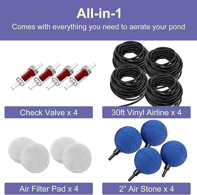 AquaMiracle All-in-One Pond Air Pump Koi Pond Aerator for Pond up to 2000 Gallons Pond Deicer Pond Aeration Kit with 2&4 Outlets Air Stones Airline Tubing Check Valves