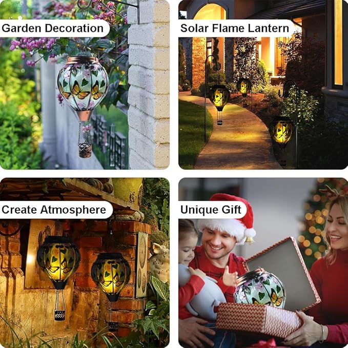 Hot Air Balloon Solar Lantern with Flickering Flame, Glass Hanging Garden Lights Outdoor Waterproof for Tree Yard Patio Mother's Day Gift, 18" H Butterfly