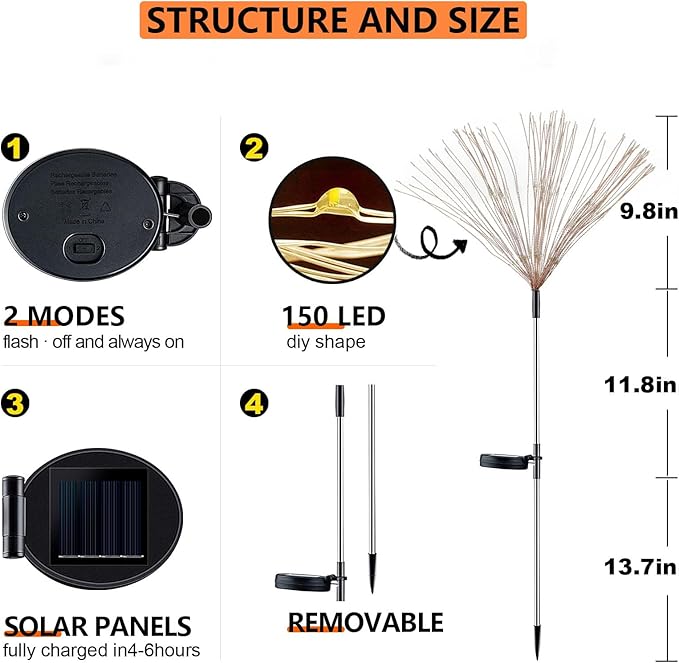 4 Pack Solar Firework Lights 150 LED Create Magical Nights, Waterproof Starburst Fairy Lights for Garden Yard Patio Christmas Romantic Wedding Party Decor(Color)
