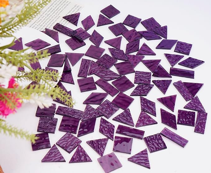 200G Oversize Transparent Glass Mosaic Tiles for Crafts, 4 Shapes Textured Cathedral Stained Glass Mosaic Pieces for Mosaic Art Decor, Violet Purple