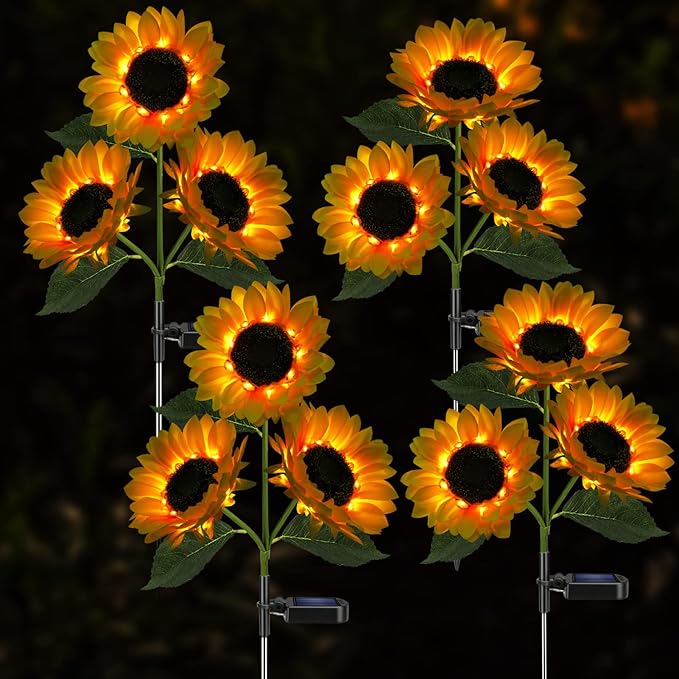 Solar Sunflower Lights, 800mA Solar Garden Light with Real Looking Flowers Outdoor Waterproof Solar Stake Lights for Back Yard, Flower Bed, Pathway, Patio, Porch, Spring Decoration (2 Pack)