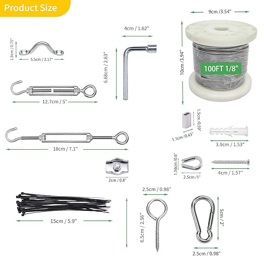 1/8" Wire Cable Rope Kit ,Vinyl Coated 304 Stainless Steel Wire – 100FT 7x7 Strand Cable with Turnbuckles,String Lights Hanging Kit for Outdoor, Garden,Patio, Crafts, Hanging Lights