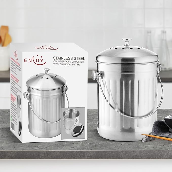 ENLOY Compost Bin for Kitchen Countertop, 1.3 Gallon Stainless Steel Indoor Compost Bucket for Kitchen Countertop Odorless Compost Pail for Kitchen Food Waste with Carrying Handle Easy to Clean