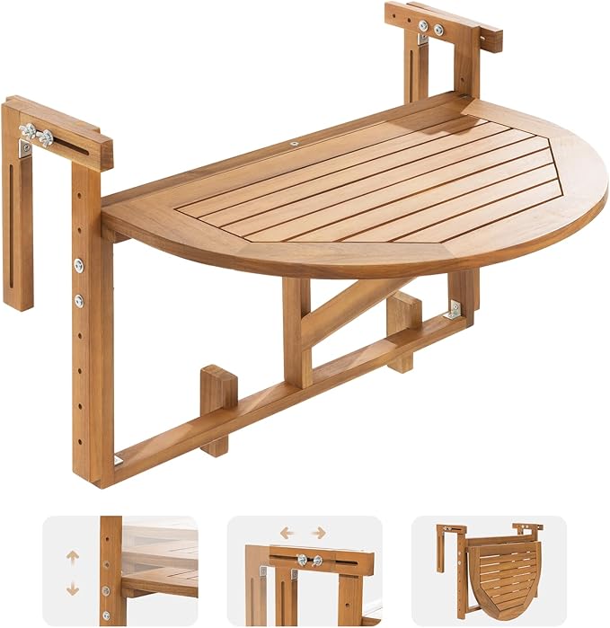 IDZO FSC Acacia Wood Folding Balcony Bar Table for Railings, Adjustable Height & Width, Teak Brush Finish Durable Against Weather, Ideal Spacious Dimension of 27 9/16 x 21 5/8 Inch, Half-Round Design