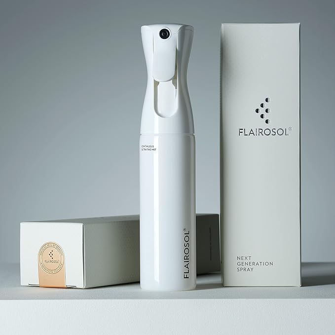 FLAIROSOL - The Original, Spray Bottle for Hair, Continuous Ultra Fine Water Mist Sprayer for Hairstyling, Barbers, Salons, Cleaning, Plants, 10.1oz/300ml (White Bottle-Coral Print)