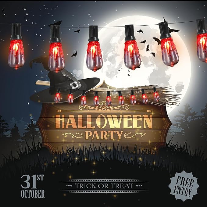 10FT Halloween String Lights Outdoor with 11 ST40 Flame Bulbs (1 Spare), Plug in Halloween Flaming Blood Drop Light Strings UL Listed for Patio, Backyard, Halloween, Party Decoration, E17 Base