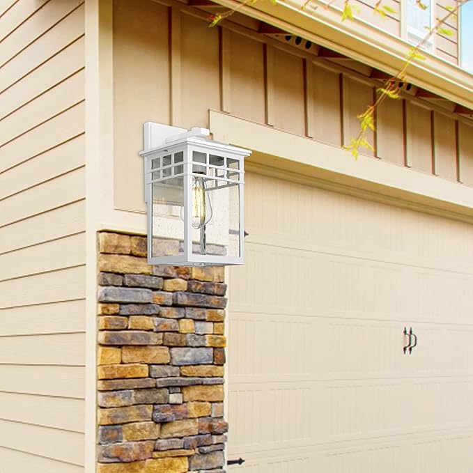 Outdoor Light Fixture Wall Mount, Rustic Exterior Lights Fixture Wall Sconces with Seeded Glass for Front Porch, Waterproof Outdoor Lantern in White Finish for Home, Garage, Barn, Storefront