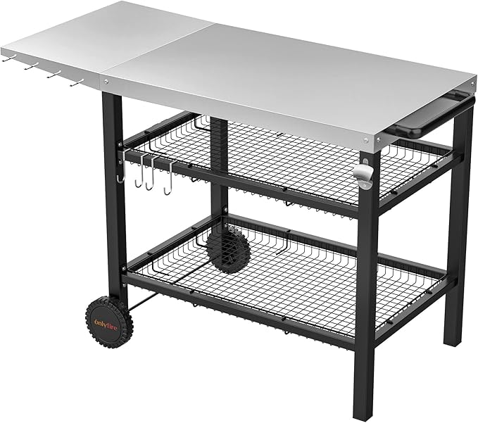 only fire Pizza Oven Table Cart for Ooni, Ninja Woodfire, Blackstone Griddle, Cuisinart Pizza Oven, Outdoor Stainless Steel Food Prep Table Movable Food Prep Cart Grill Stand with Storage Basket