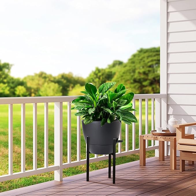 12 inch Large Self Watering Pots, Plastic Planters with 60oZ Removable Deep Reservoir and Multi Mesh Drainage Holes for Indoor Outdoor Garden Plants and Flowers, Black