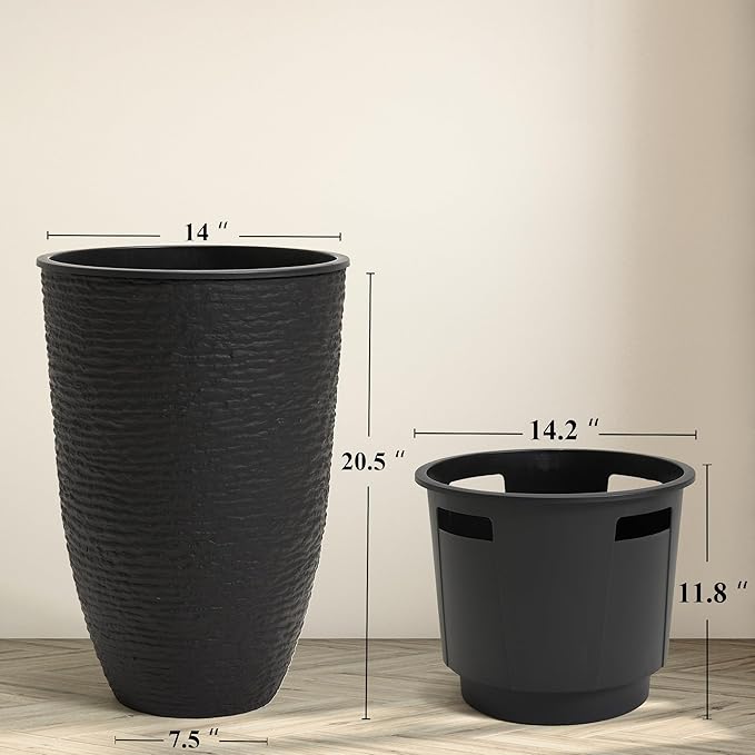 WORTH Garden 2-Pack 21" H. Black Tall Planters with Inside Pots - 14'' Dia Plastic Large Round Plant Tree Pots - Decorative Imitation Stone Finish for Indoor Outdoor Front Porch Container Patio