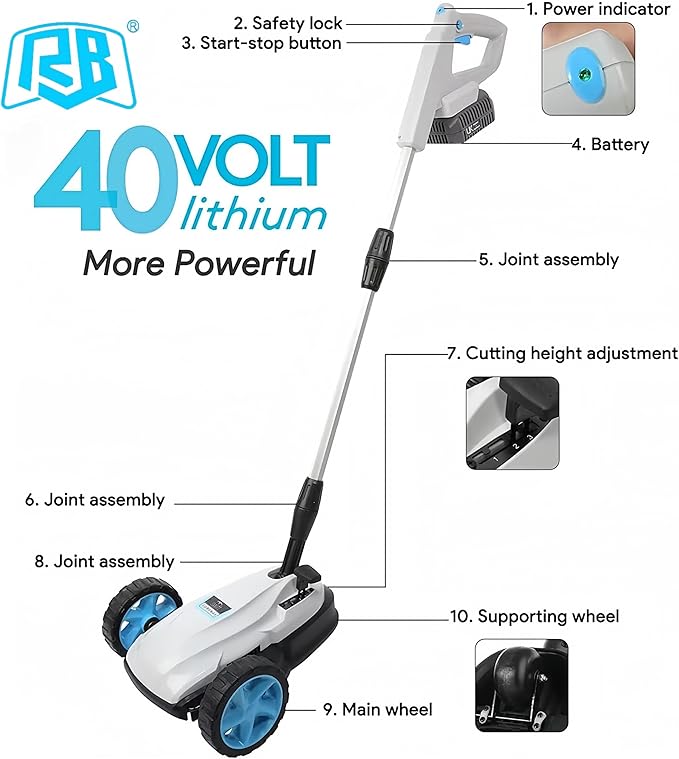 RB 9" Small Lawn Mower for Small Spaces, 40V 2Ah Battery & Charger, Ultra-Light Mini Cordless Lawn Mower with Brushless Motor, 3 Cutting Heights, One-Hand Steering, Upright Storage for Tiny Yards