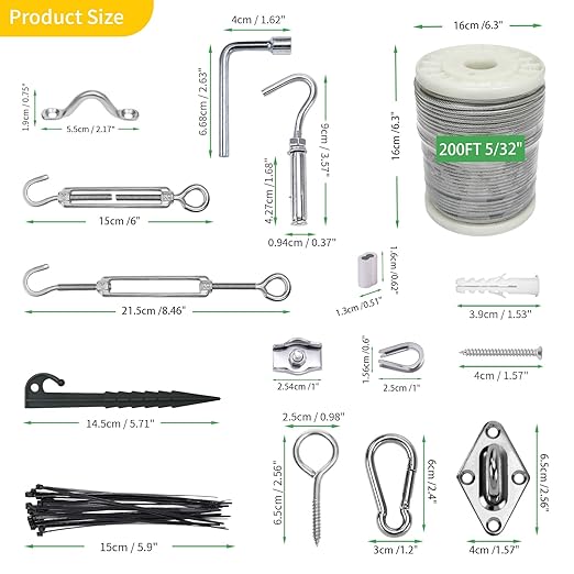 5/32" Wire Cable Rope Kit ,Vinyl Coated 304 Stainless Steel Wire – 200FT 7x7 Strand Cable with Turnbuckles,Shade Sail & Hanging Lights Hardware Kit for Outdoor, Garden,Patio, Crafts,