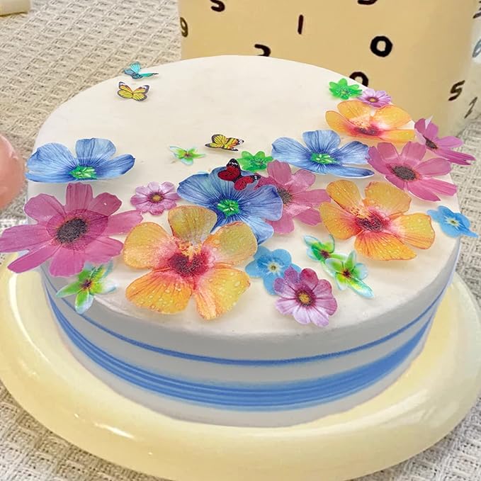 58Pcs Edible Butterfly and Flowers Cake Topper Cupcake Toppers Wedding Themed Party Birthday Cake Decoration Mixed Size & Colour
