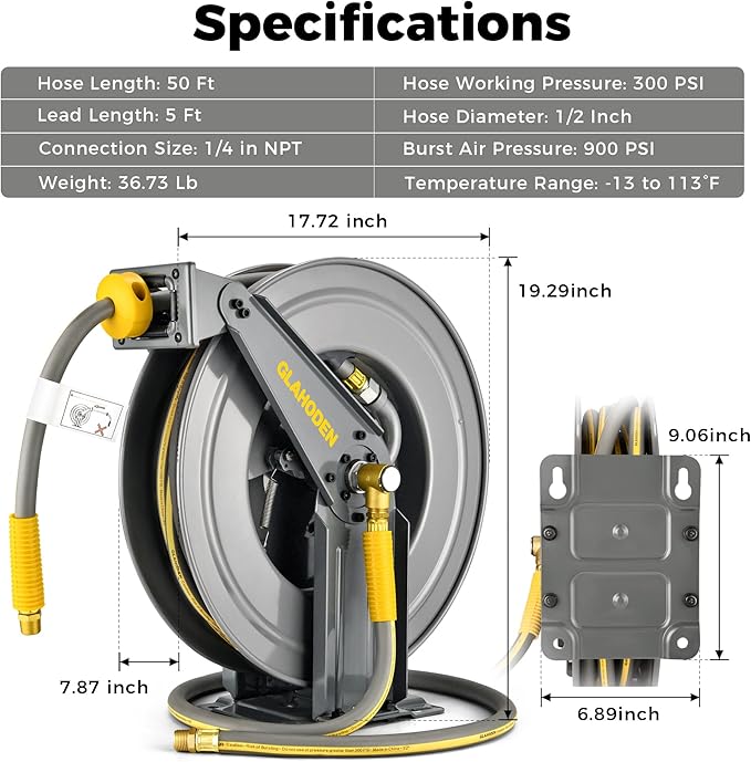 Double Arm Air Hose Reel 50 ft Retractable, 1/2 in Hybrid Hose Heavy Duty Steel Professional Air Compressor Hose Reel with 5 ft Lead in Max 300PSI Auto Rewind Quick Coupler Swivel Fitting