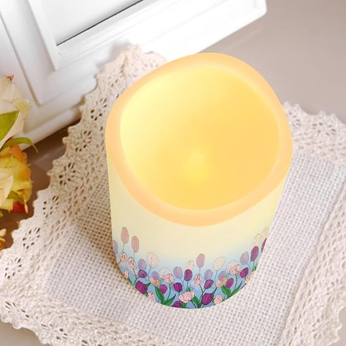 Ystardream Purple Tulips Flameless Candles with Timer Led Candles Flickering 4 Candle Sets for Home Decor,18 Key Remote Control,Dancing Flame, True Wax, Battery Power