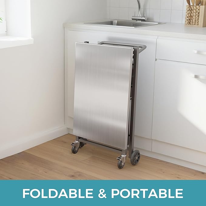 Ciokea Folding Outdoor Grill Cart with Wheels, 3-Shelf Grill Table with 27x18 in Stainless Steel Top, Rolling Pizza Oven Stand, Metal Portable Cart for BBQ Patio Camping (Grey)