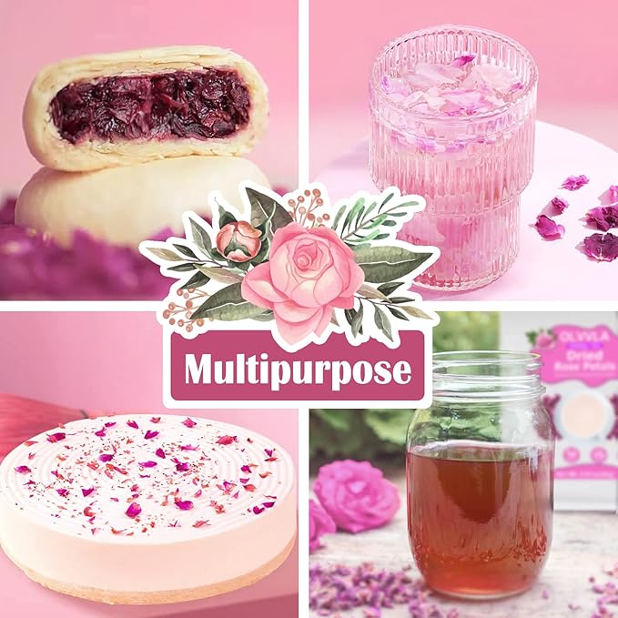 Olvvla - Dried Rose Petals - 0.91oz/26g - Premium Food Grade Dried Roses Edible Flowers - Perfect for Edible Rose Petal Tea, Decorations, Baking, Making Rose Water